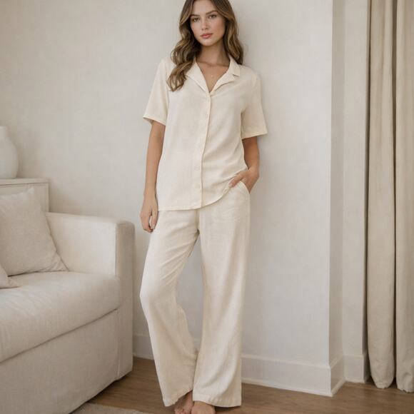 Reformation Other - REFORMATION 2 Piece Set Pant & Shirt in Beige crinkle size Medium